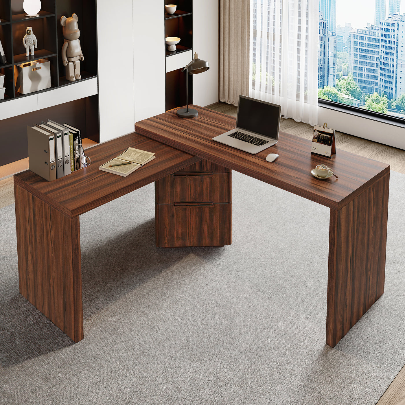 90' Modern L Shaped Desk in Walnut with 3 Drawers,360° Wood Rotating Desk,Executive Office Desk,Corner Desk,Office Study Workstation,for Home Office or Living Room