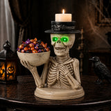 Halloween Skeleton Figurine with Storage Bowl & Candle Holder, Spooky Halloween