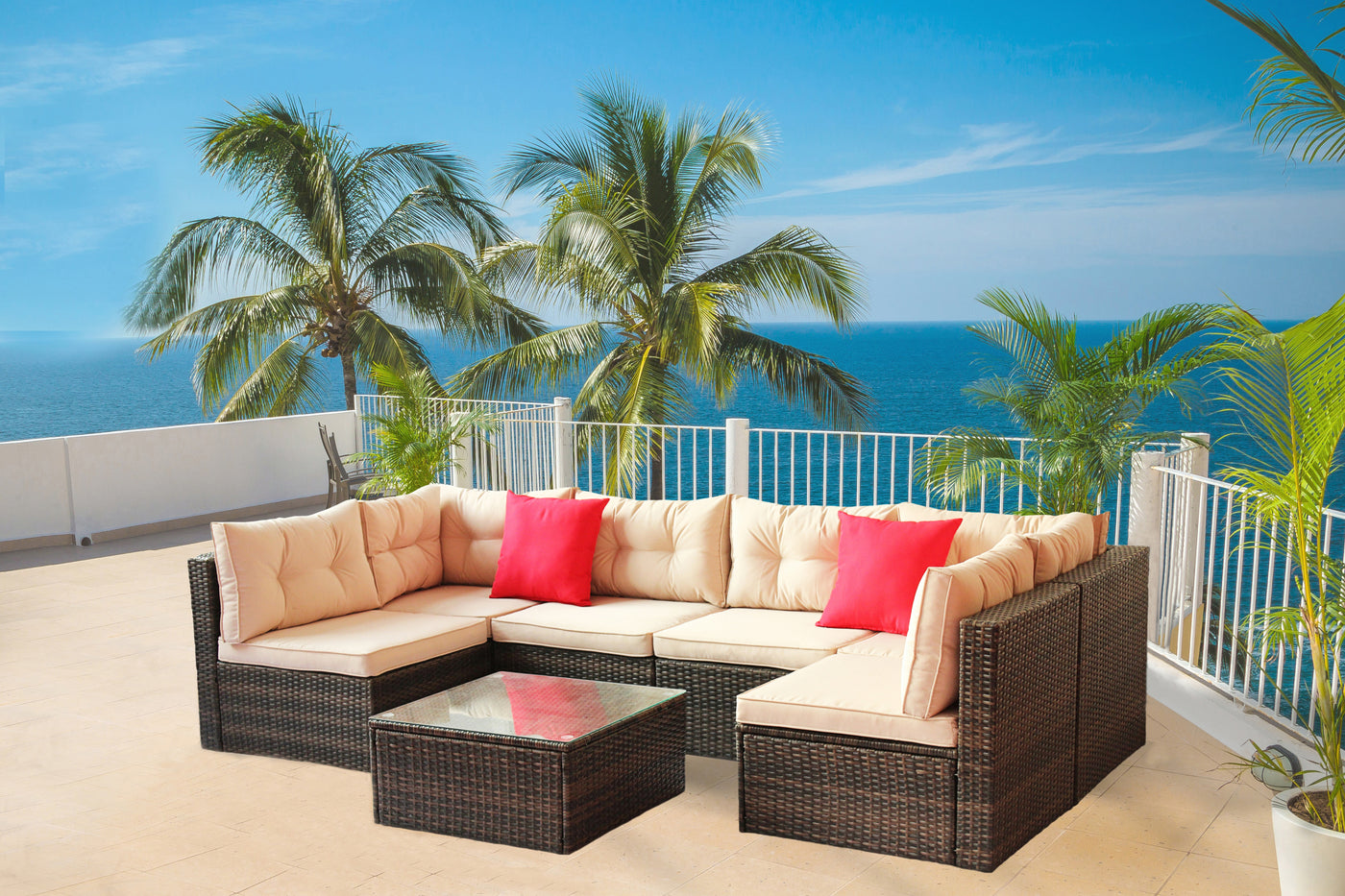 Outdoor Sectional Set PE Rattan 7 Piece Seats 6