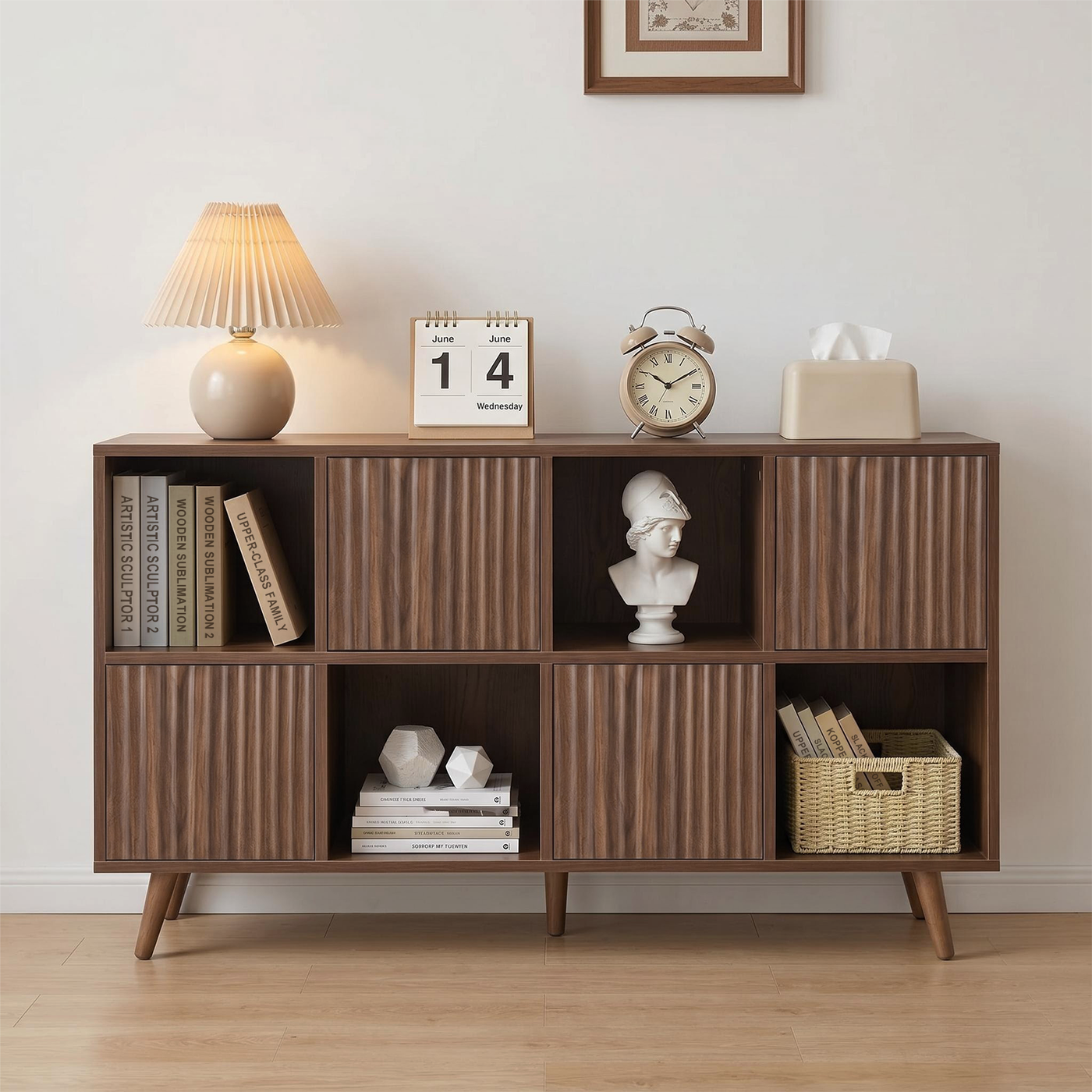 8 Cube Storage Organizer Cabinet with 4 Doors Walnut