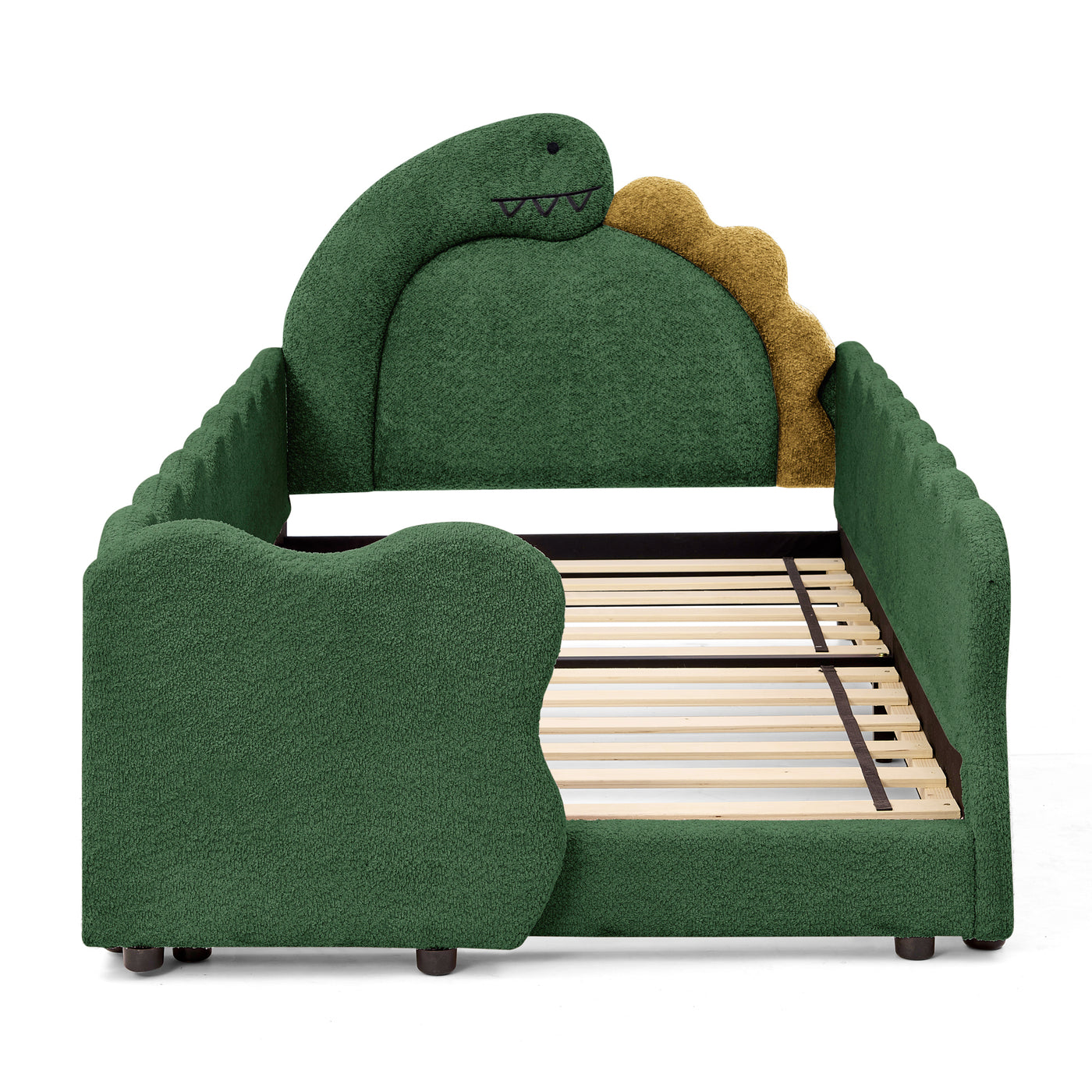 Green Dinosaur Twin Bed with Safety Guardrail, Wood Frame
