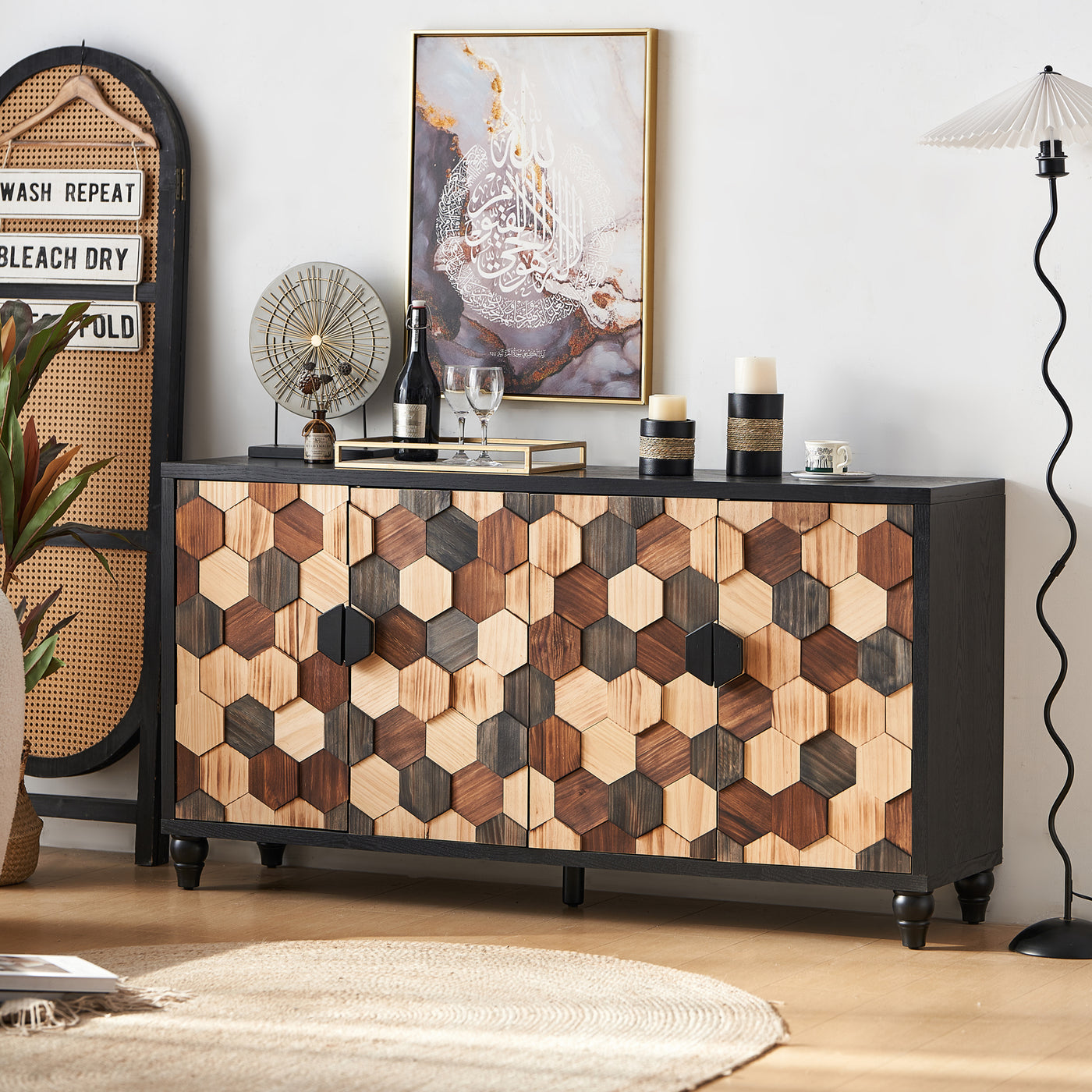 Distressed Honeycomb Storage Cabinet with Doors