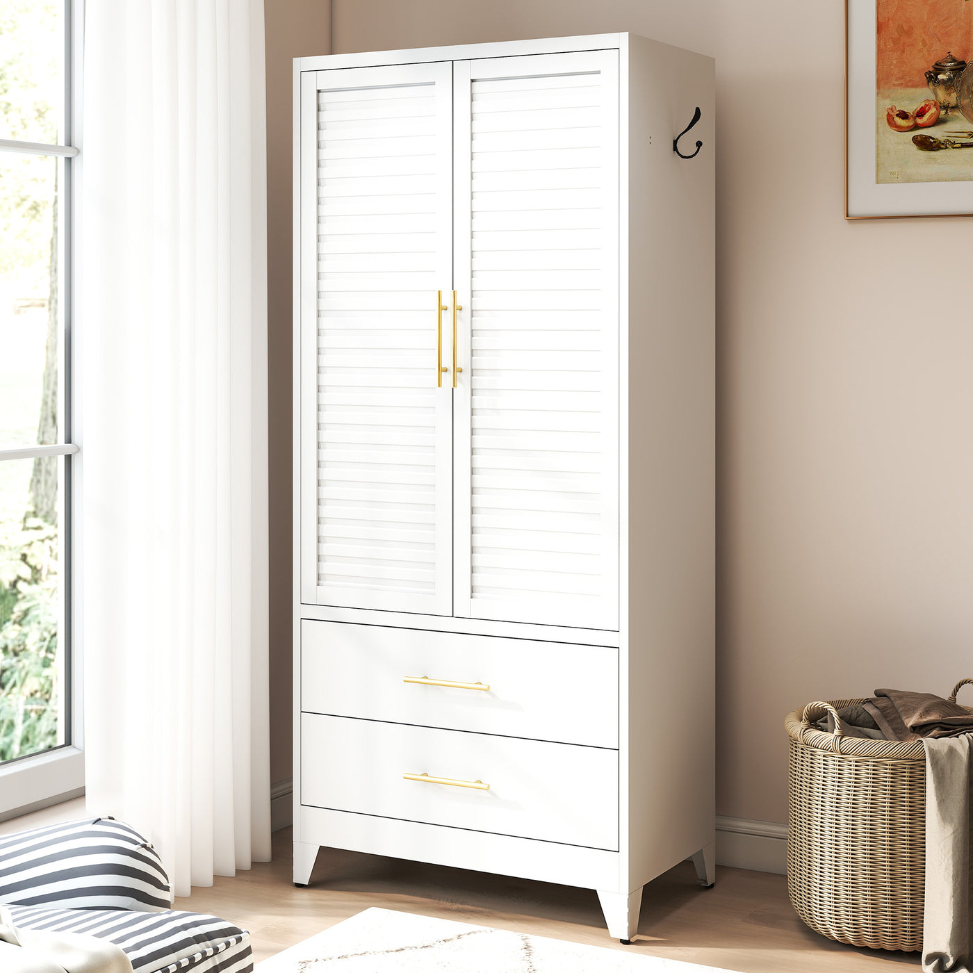 White Metal 2-Door Wardrobe Closet 71" Tall Storage Cabinet