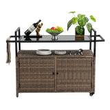 Outdoor Wicker Bar Cart, Patio Wine Serving Cart w/Wheels