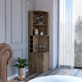 Dark Brown Corner Bar Cabinet with 8 Bottle Cubbies and Shelves