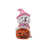 Halloween White Teddy Puppy Figurine, Witch Dog Holding Pumpkin Candy Bowl Decor