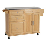 Indoor Bamboo Rolling Kitchen Island with Stainless Steel Top