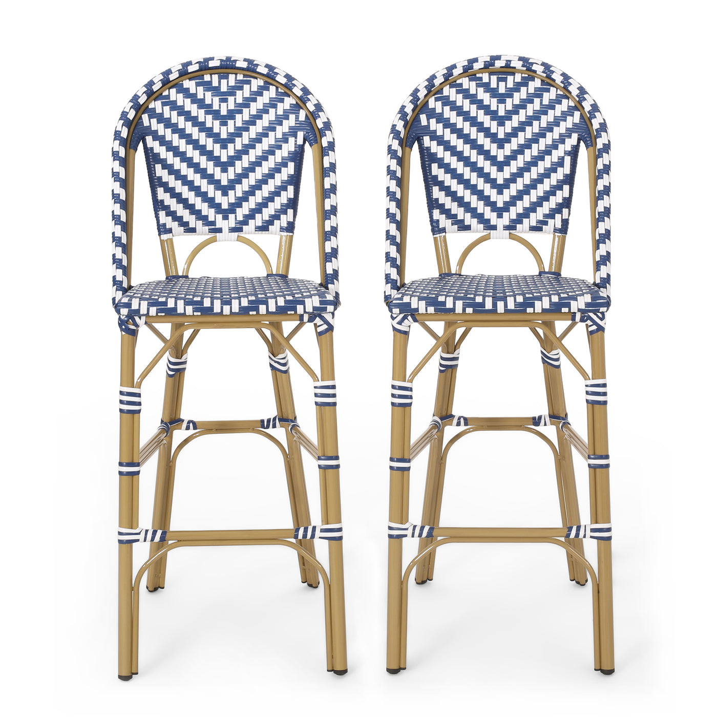 Outdoor PE Rattan French Barstool Set Navy Blue White 29.5