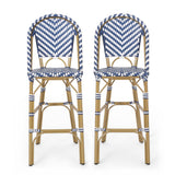 Outdoor PE Rattan French Barstool Set Navy Blue White 29.5