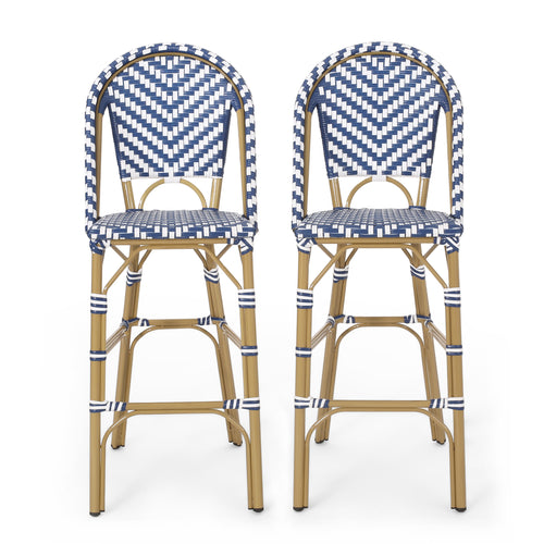 Outdoor PE Rattan French Barstool Set Navy Blue White 29.5