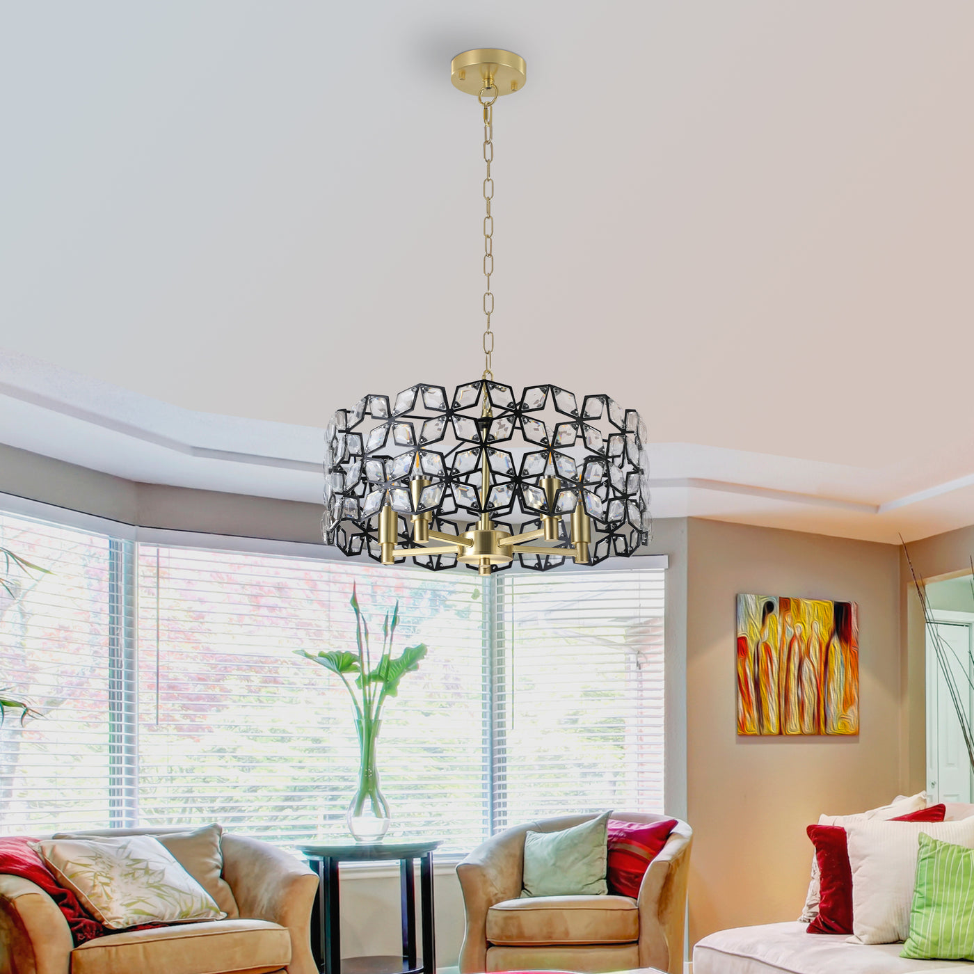 Chandelier Crystal Black Gold Round Pendant 5-Light Modern 19 In