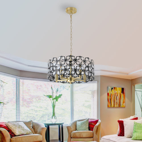 Chandelier Crystal Black Gold Round Pendant 5-Light Modern 19 In