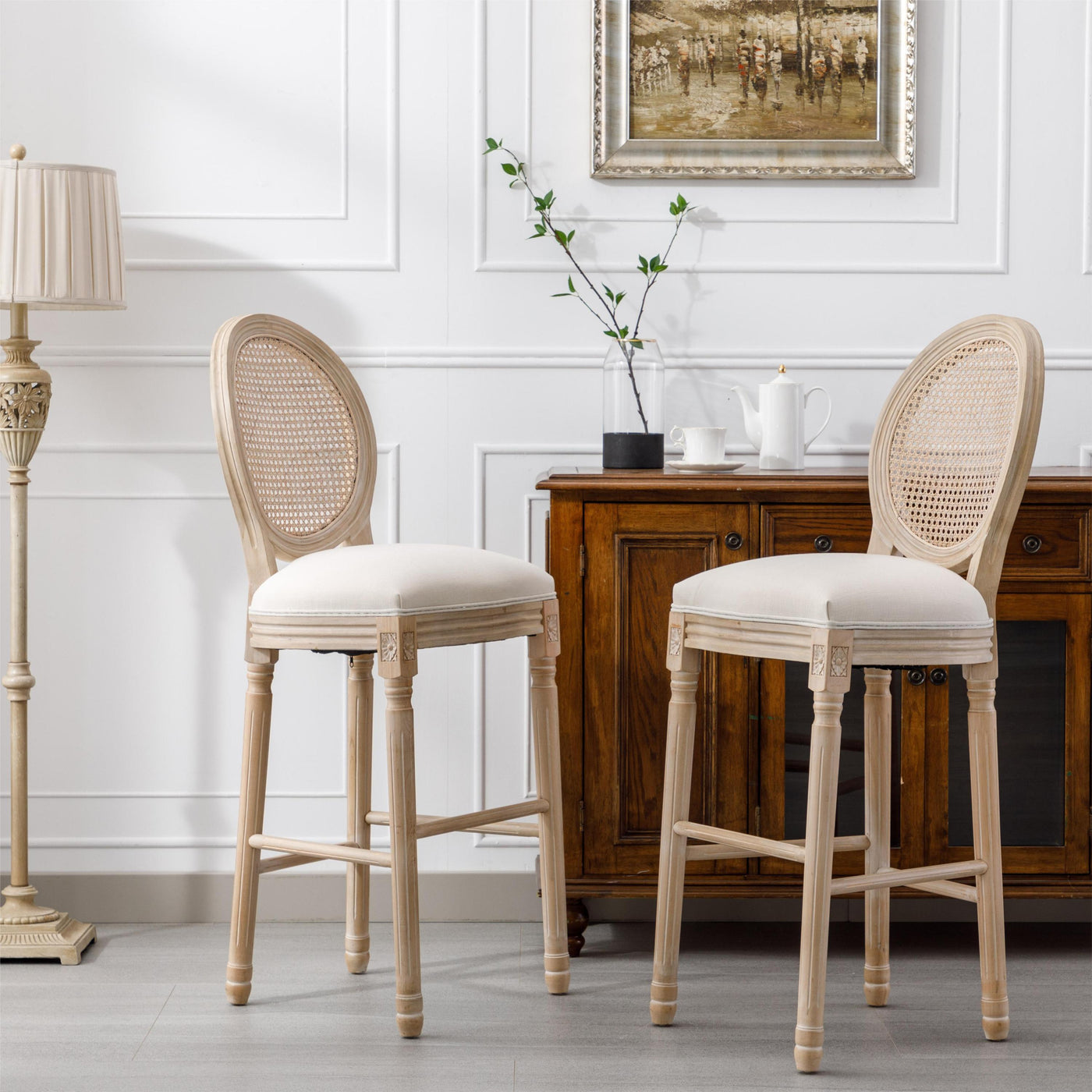 French Country Rattan Back Bar Stools Upholstered Beige Set of 2