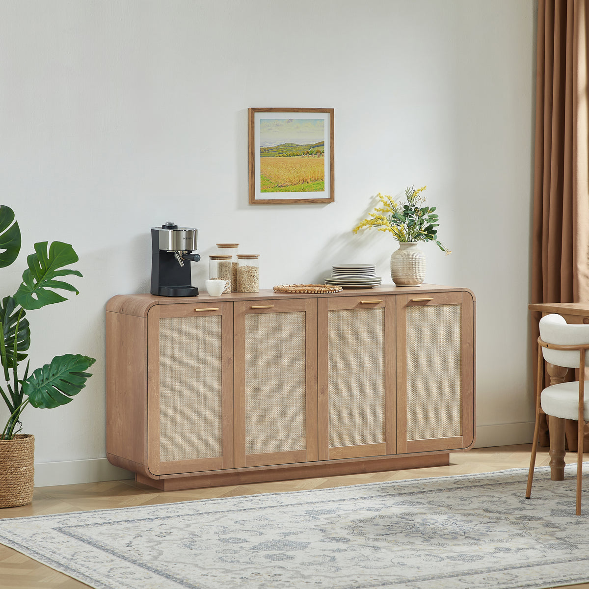 Rattan Storage Sideboard Buffet Cabinet with 4 Doors, Integrated Sturdy Base, Pe
