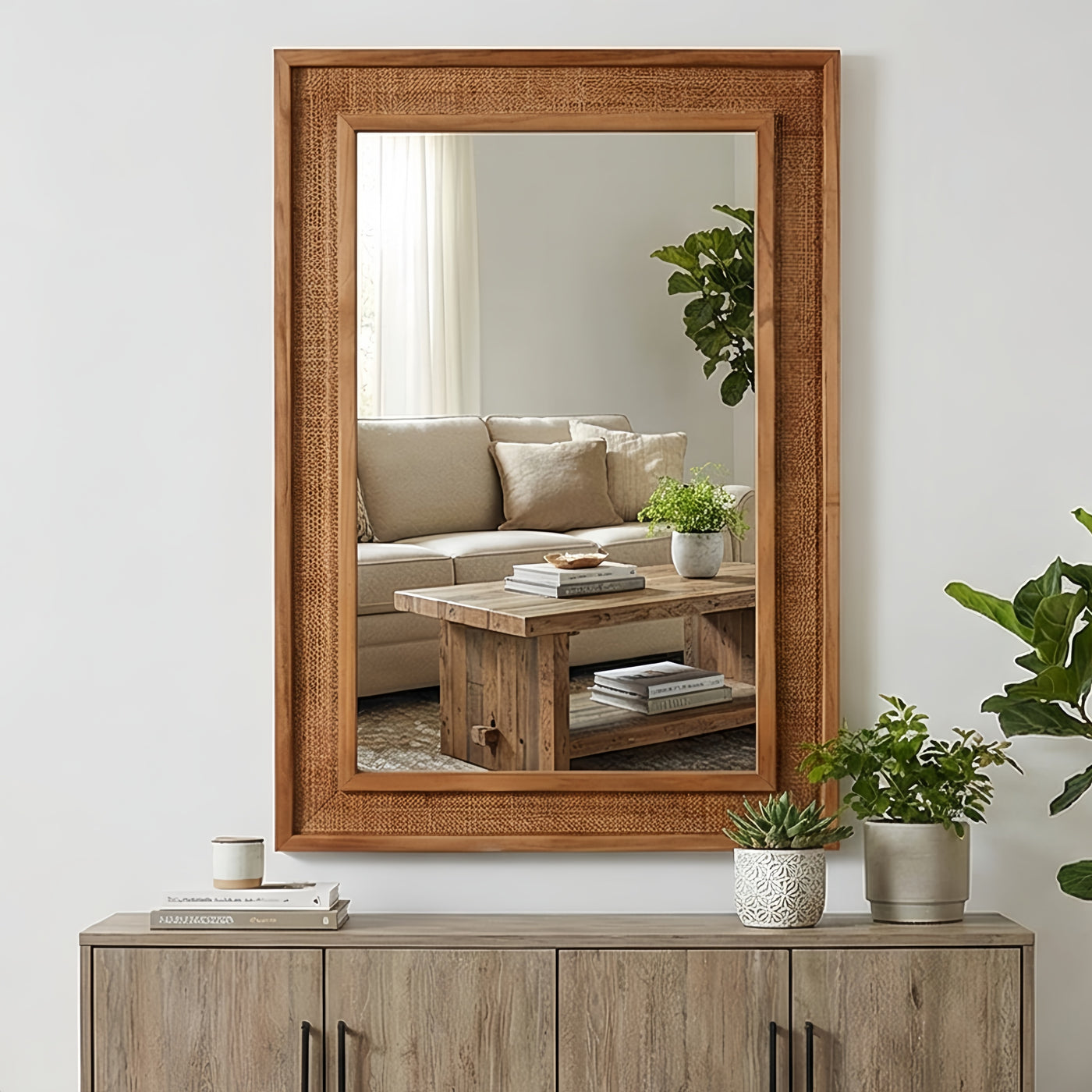 20"x30" Rattan Rectangle Wood Frame Decorative Mirror
