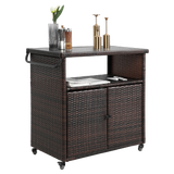 Outdoor Wicker Bar Cart, Patio Wine Serving Cart w/Wheels