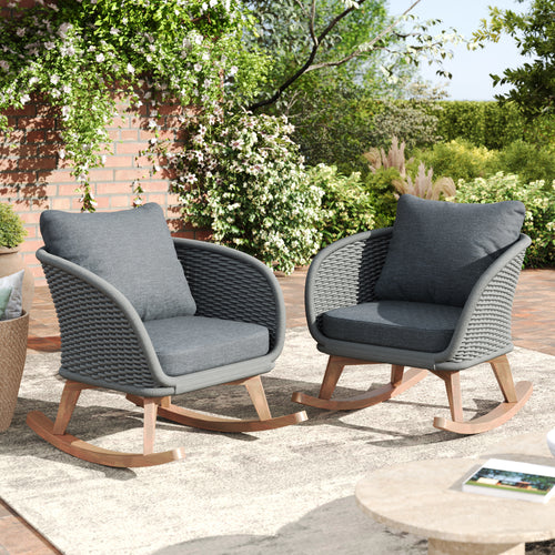 Outdoor Rocking Chair Rope Wood Gray Natural Set of 2 29.5in