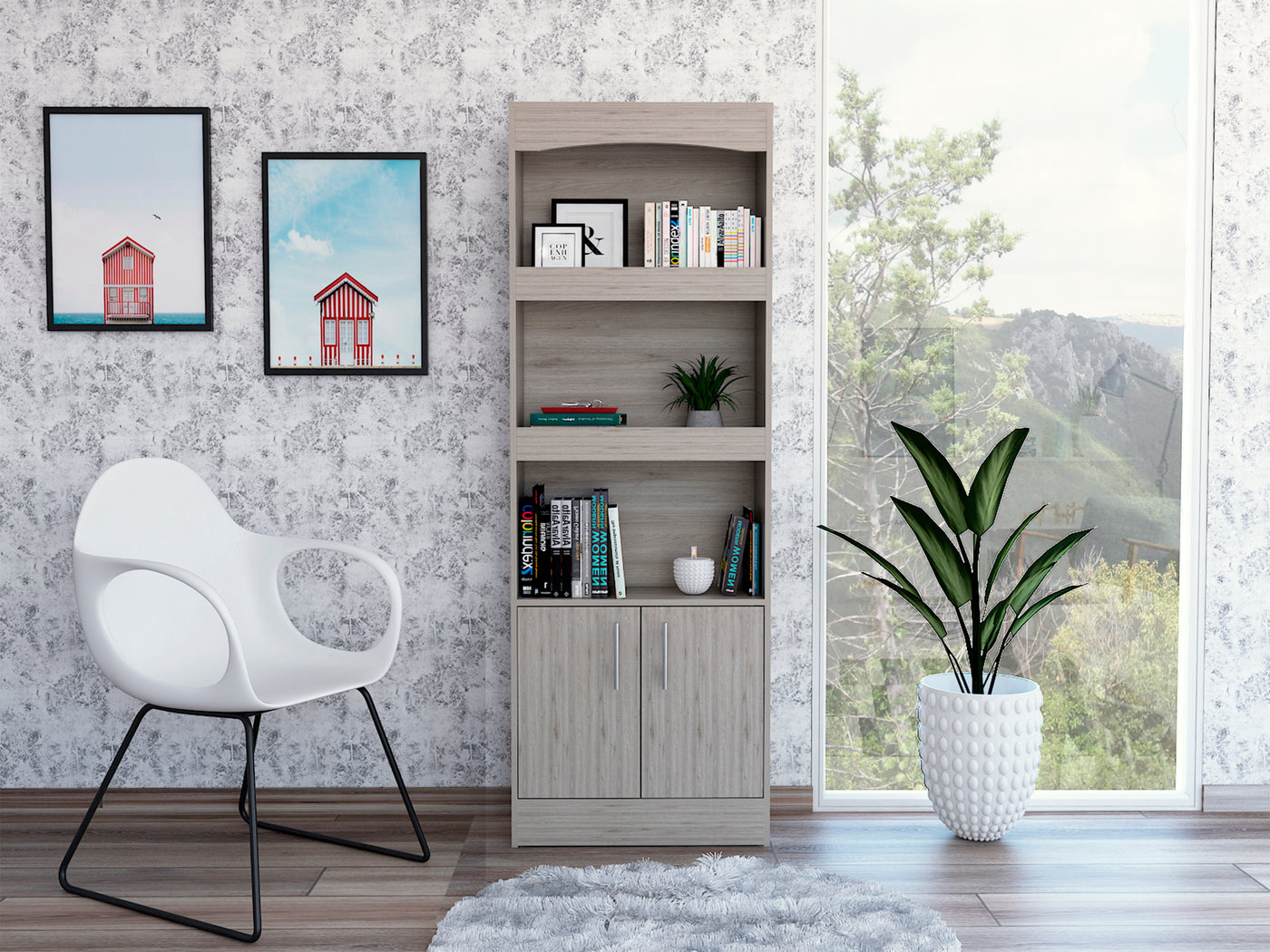 Simma Three Shelf Metal Hardware Double Door Bookcase Light Gray