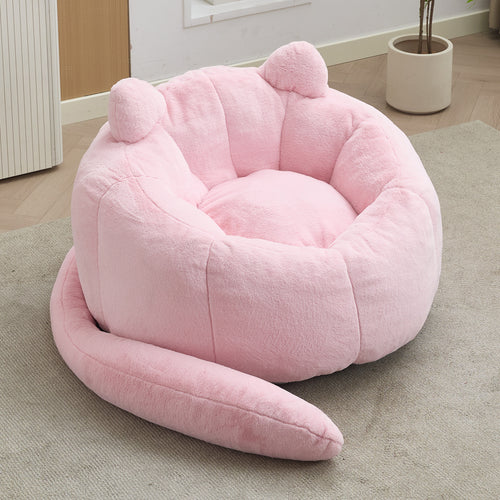 Pink Cat-shaped Adult Bean Bag Sofa with High-Density Foam, Faux Fur Upholstery