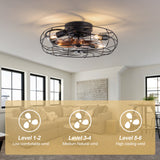 19-inch black wrought-iron cage-style ceiling fan light, featuring remote