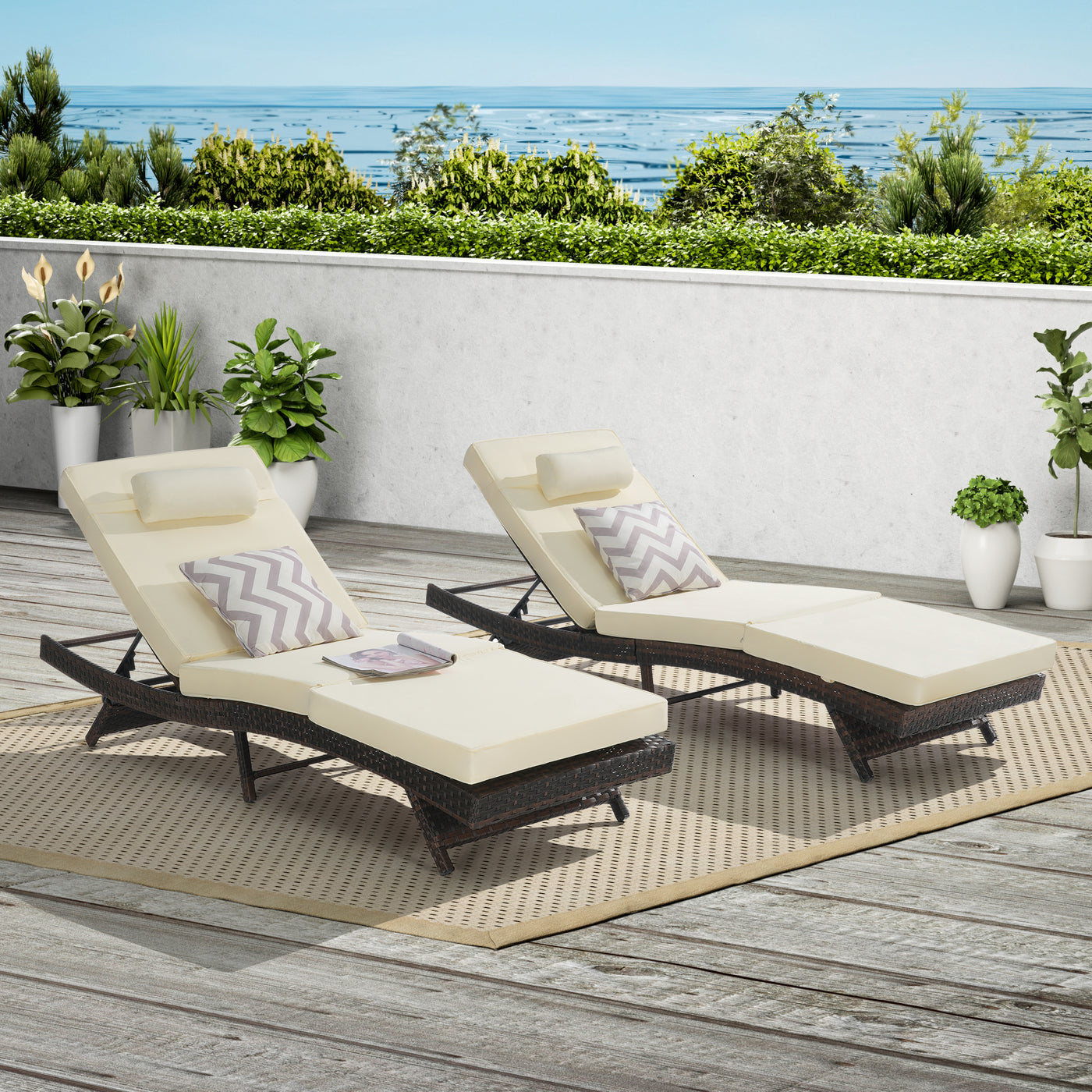 Outdoor Reclining Lounge Chair Wicker Khaki Set of 2 150 Degree 600 LB