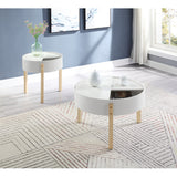 Round End Table - Wood - White & Natural - Hidden Storage
