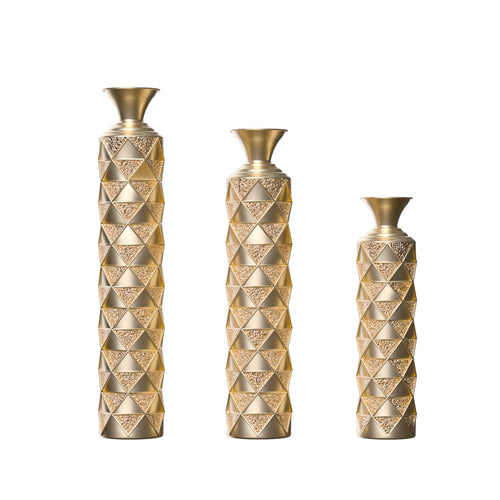 Metal Distress Vase Set 3 Triangle Pattern Gold Home Decor