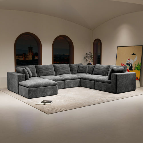Sectional Sofa L-Shape Corner Corduroy Gray 7 Seat Chaise No Assembly