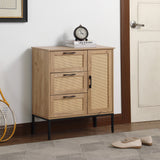 Mid - Century Style Storage Cabinet: 3 Drawers, Rattan Doors