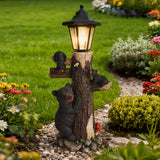 Black bear statue welcome sign garden statue with solar light, 19-inch resin bea