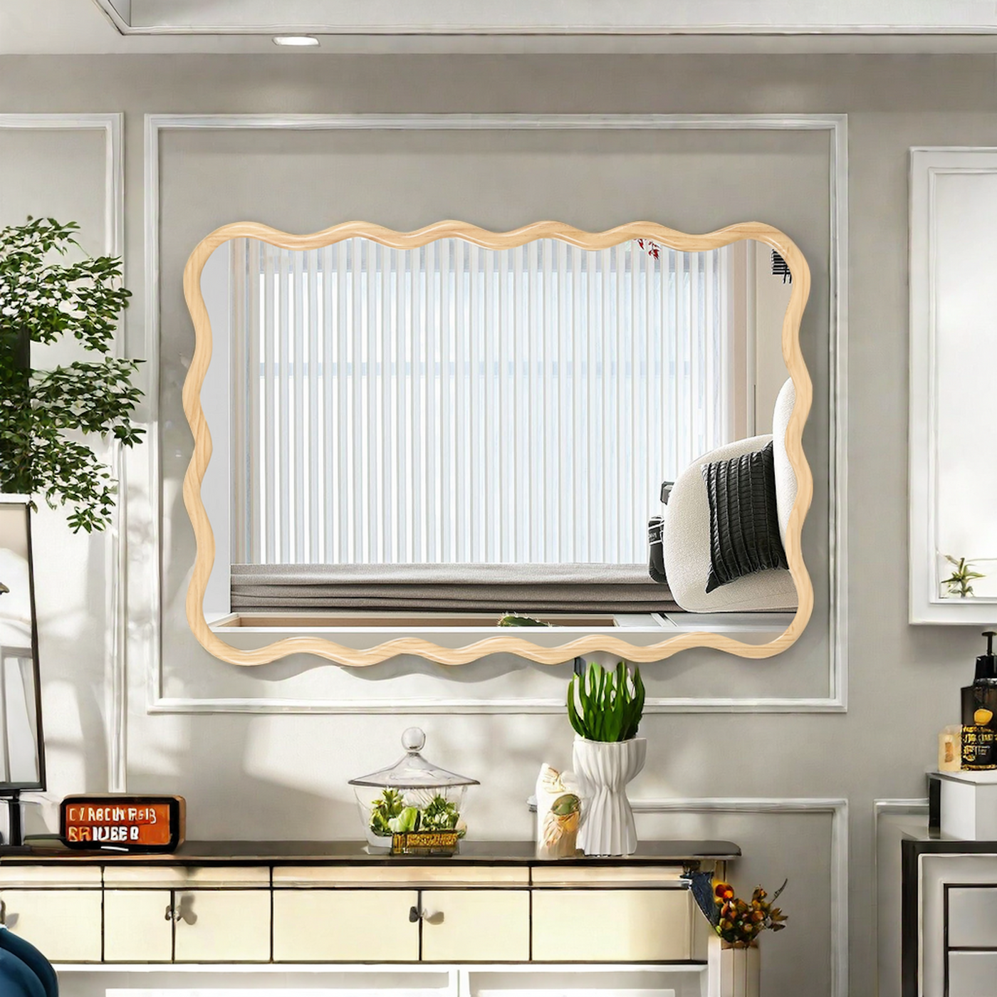 Solid Wood Wavy Rectangle Mirror 40" x 28" Natural Wall Decor