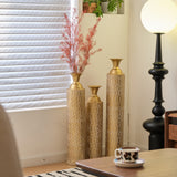 Set of 3 Gold Distressed Metal Vases with Vine Pattern 34
