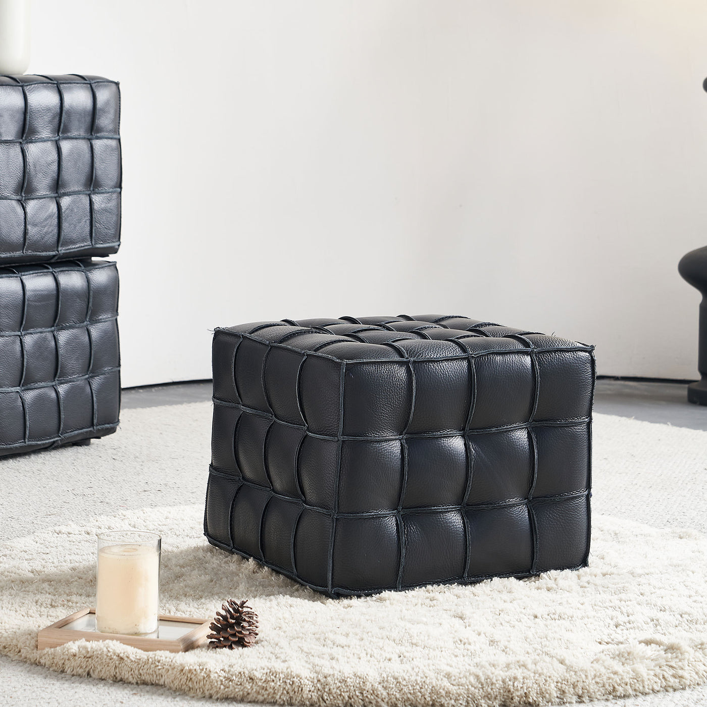 17.32'' Quality Leather Tufted Ottoman Footstool for Living Room, Black