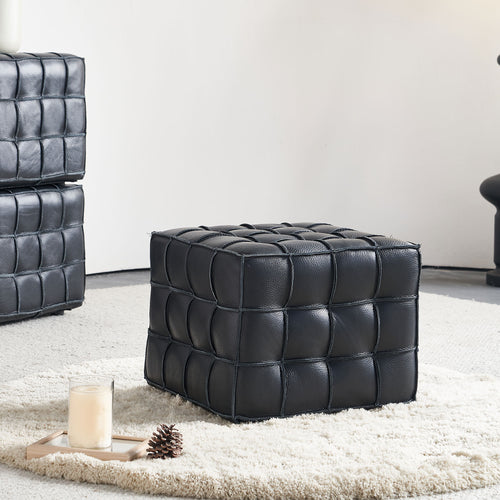 17.32'' Quality Leather Tufted Ottoman Footstool for Living Room, Black