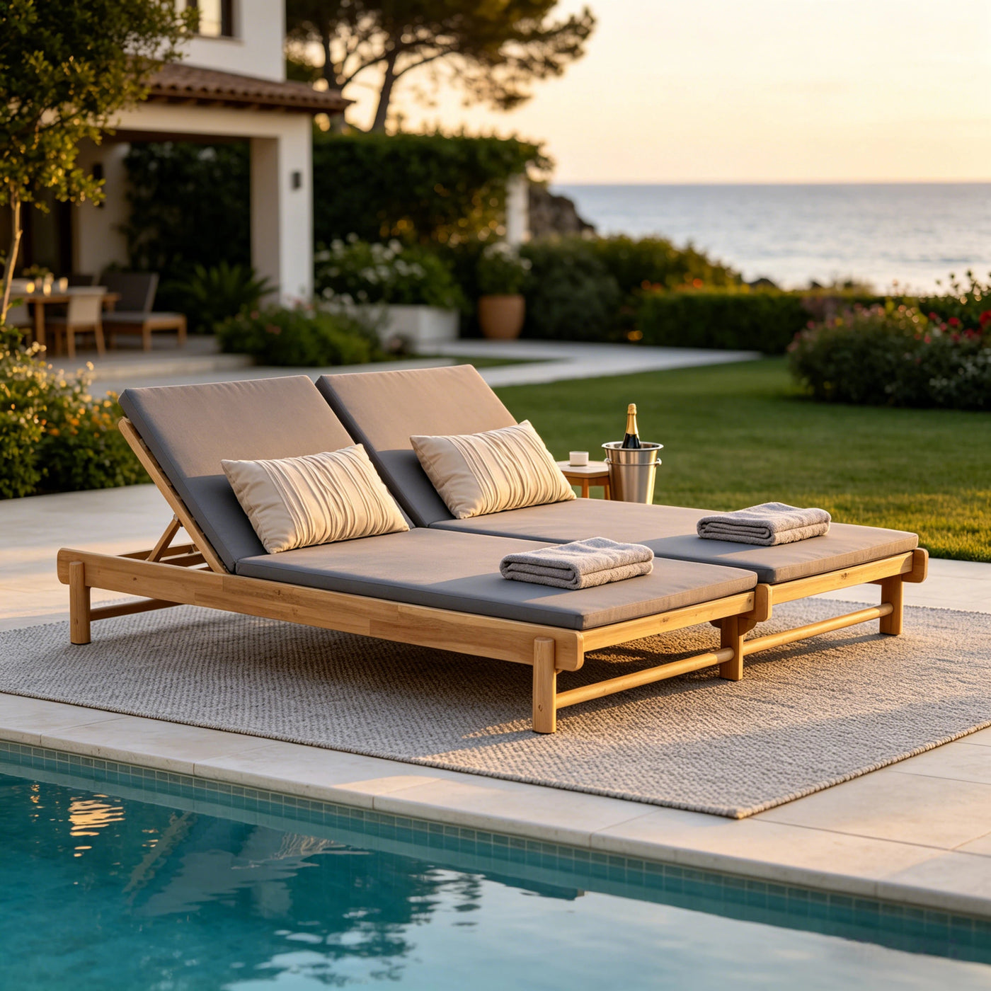 Teak Acacia Wood Double Chaise Lounger Set, Adjustable Backrest