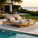 Teak Acacia Wood Double Chaise Lounger Set, Adjustable Backrest
