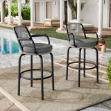 Outdoor Patio Bar Stools 29'H Set of 2, Modern Woven Rattan Rope Bar Height Chair with Back and Arm for Kitchen Pool Island, Patio Garden, Black / Gray