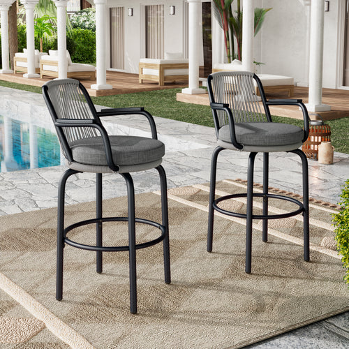 Outdoor Patio Bar Stools 29'H Set of 2, Modern Woven Rattan Rope Bar Height Chair with Back and Arm for Kitchen Pool Island, Patio Garden, Black / Gray