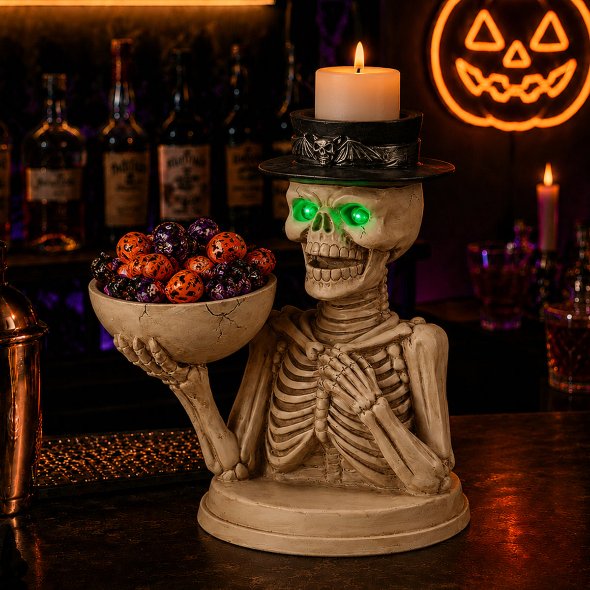 Halloween Skeleton Figurine with Storage Bowl & Candle Holder, Spooky Halloween