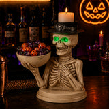 Halloween Skeleton Figurine with Storage Bowl & Candle Holder, Spooky Halloween