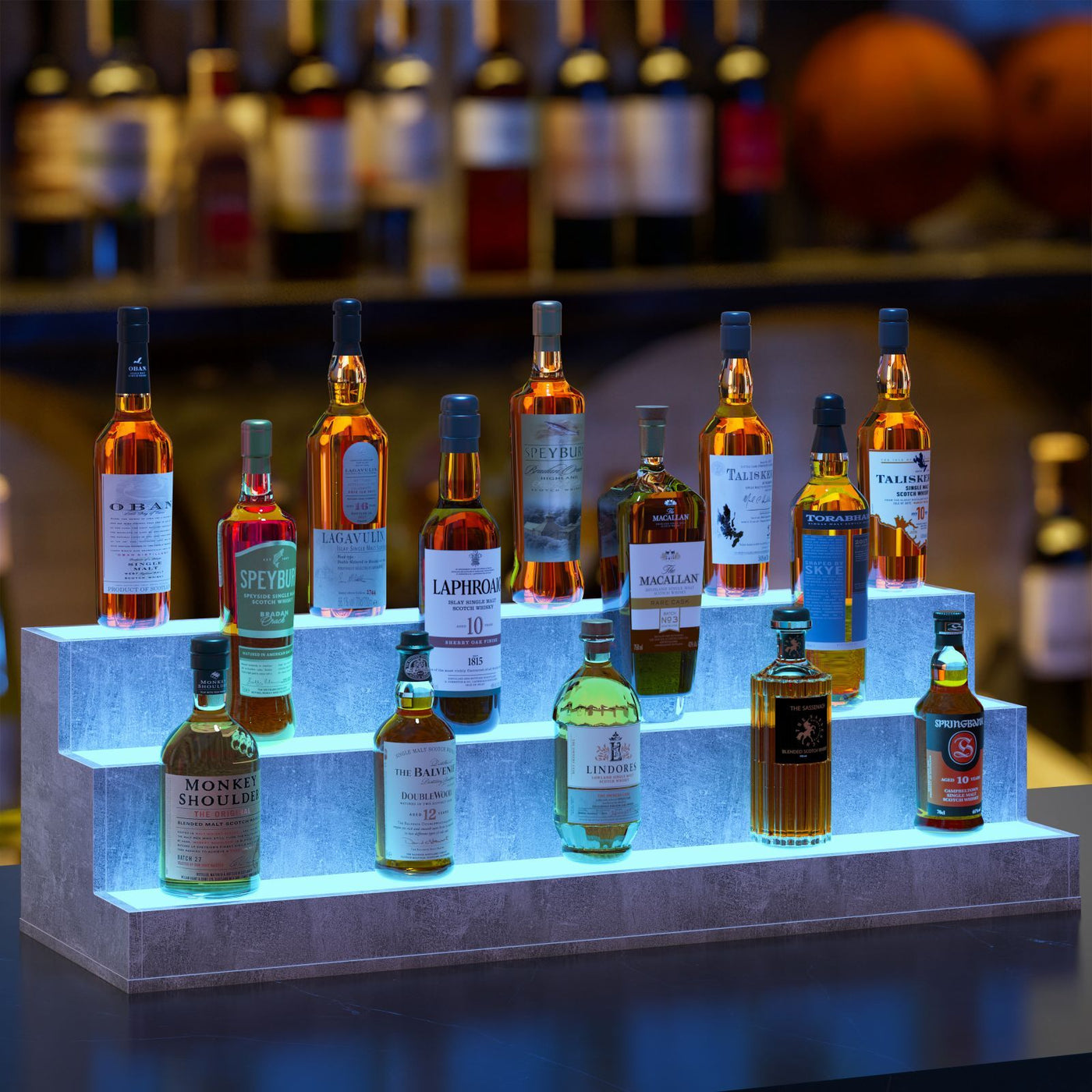 37" LED Lighted Liquor Bottle Display Shelf 3-Tier Grey