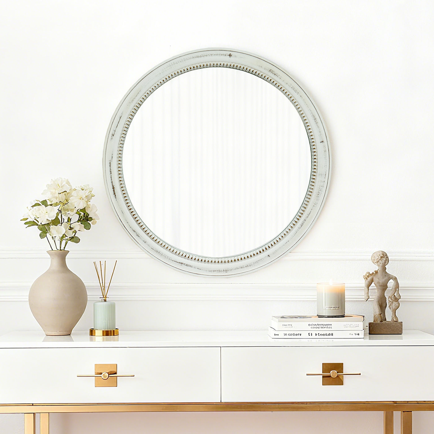 Round Beaded White Wood Wall Mirror 23.62" Farmhouse