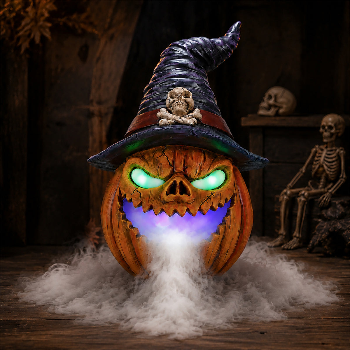 Halloween Jack-O'-Lantern Pumpkin Mist Maker Ornament, LED Light Up Fogger Figur