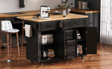 K&K 56.5'' Kitchen Island with Drop Leaf, Power Outlet, Embossed Vertical Stripe