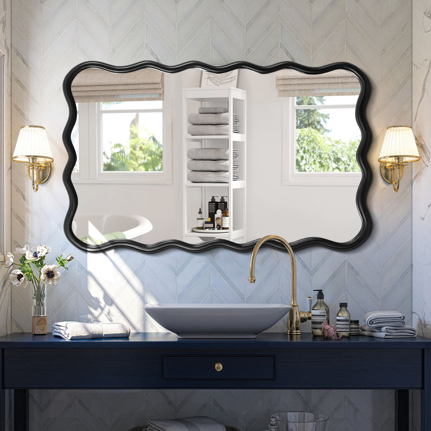 Solid Wood Wavy Rectangle Wall Mirror Black 40" x 28