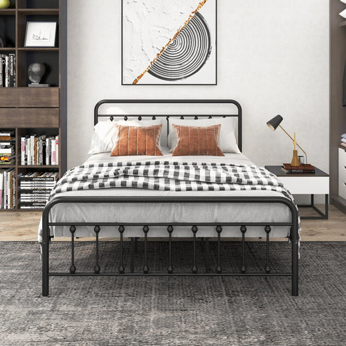 Queen Metal Platform Bed Frame Victorian Style Black
