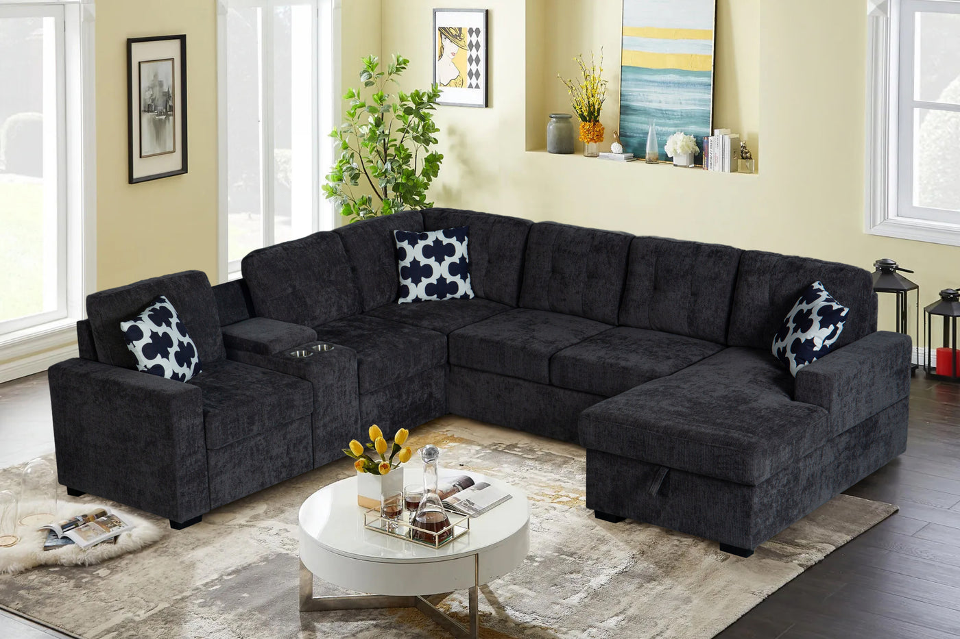 L-Shaped Sectional Sofa with Storage and Cup Holders