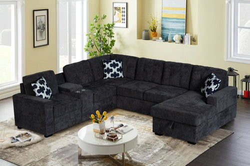 L-Shaped Sectional Sofa with Storage and Cup Holders