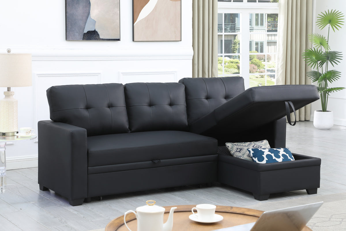 Faux Leather Chaise Sofa with Chaise Sleeper Black 82"