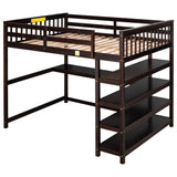 Espresso Full Size Loft Bed with Storage Shelves and Under-bed Desk, Solid Pi...